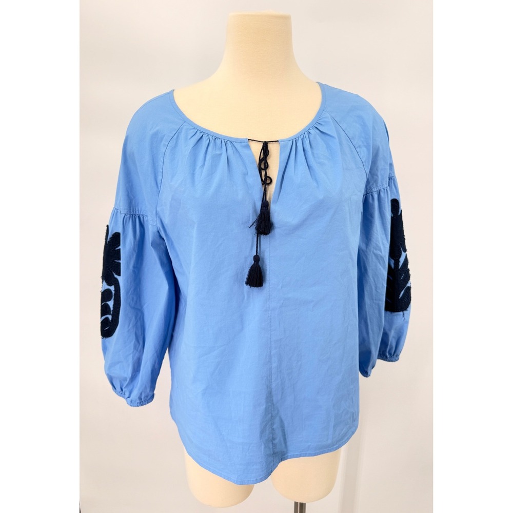 J.Crew Embroidered Puff Sleeve Peasant Top Women Size M Blue Tassel Boho J0286